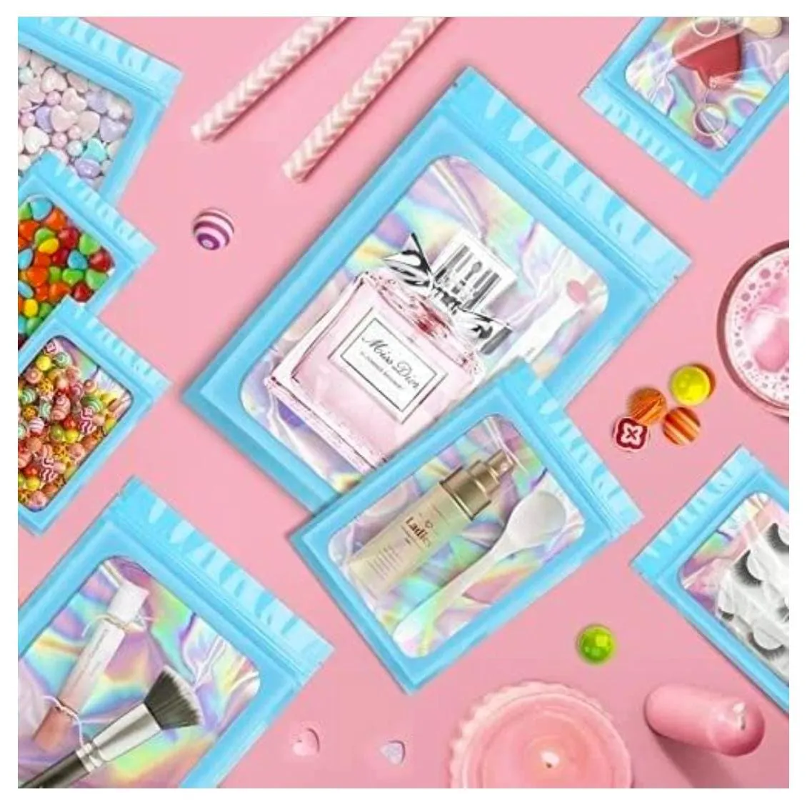 Holographic Resealable Bags 7x10cm Clear Window with Euro Punch Loop Hanging Hole 10pack