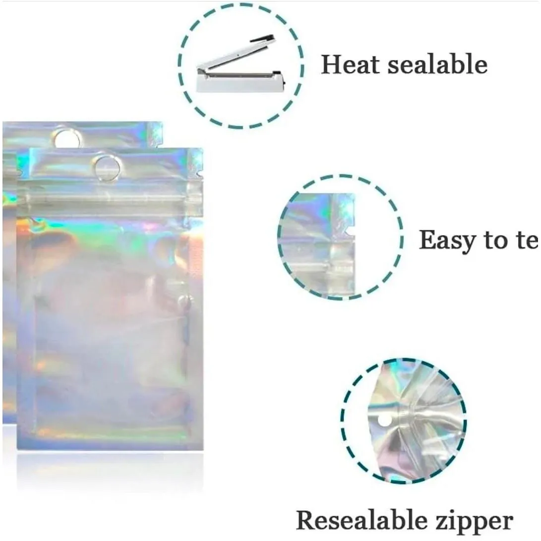 Holographic Resealable Bags 7x10cm Clear Window with Euro Punch Loop Hanging Hole 10pack