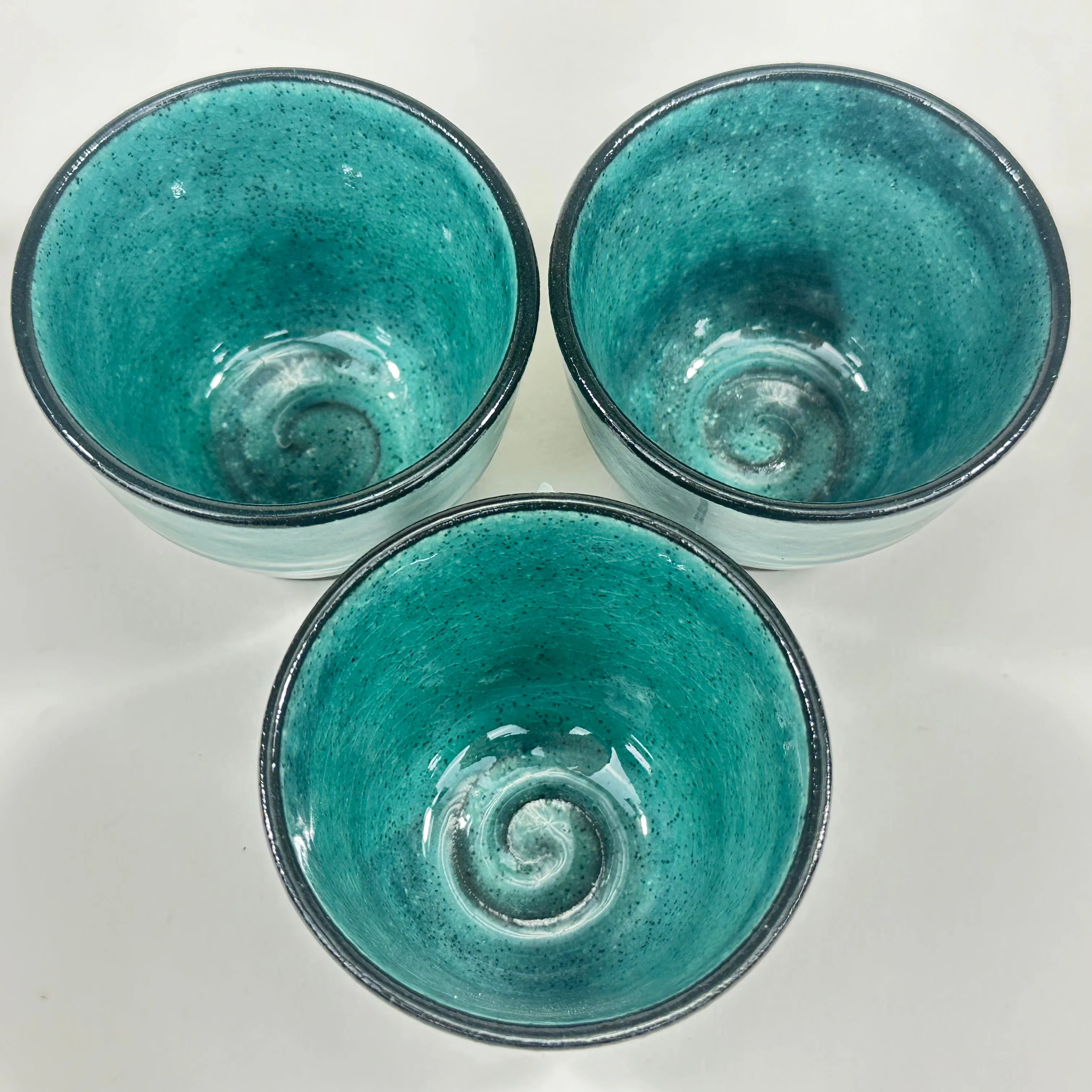 Japanese Set of 3 Ceramic Sakazuki Sake Cups Teal Glaze 1.5”