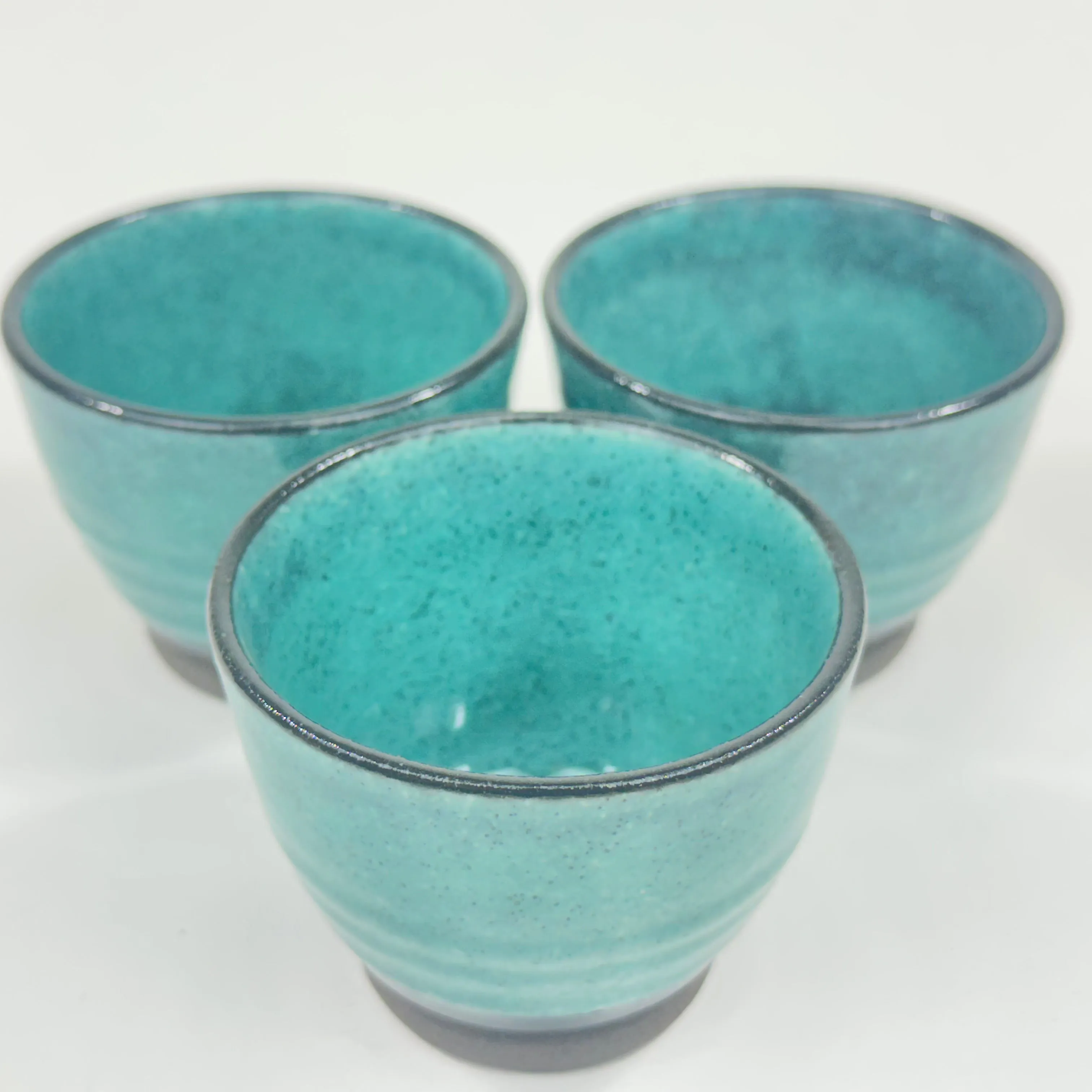 Japanese Set of 3 Ceramic Sakazuki Sake Cups Teal Glaze 1.5”