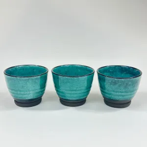 Japanese Set of 3 Ceramic Sakazuki Sake Cups Teal Glaze 1.5”
