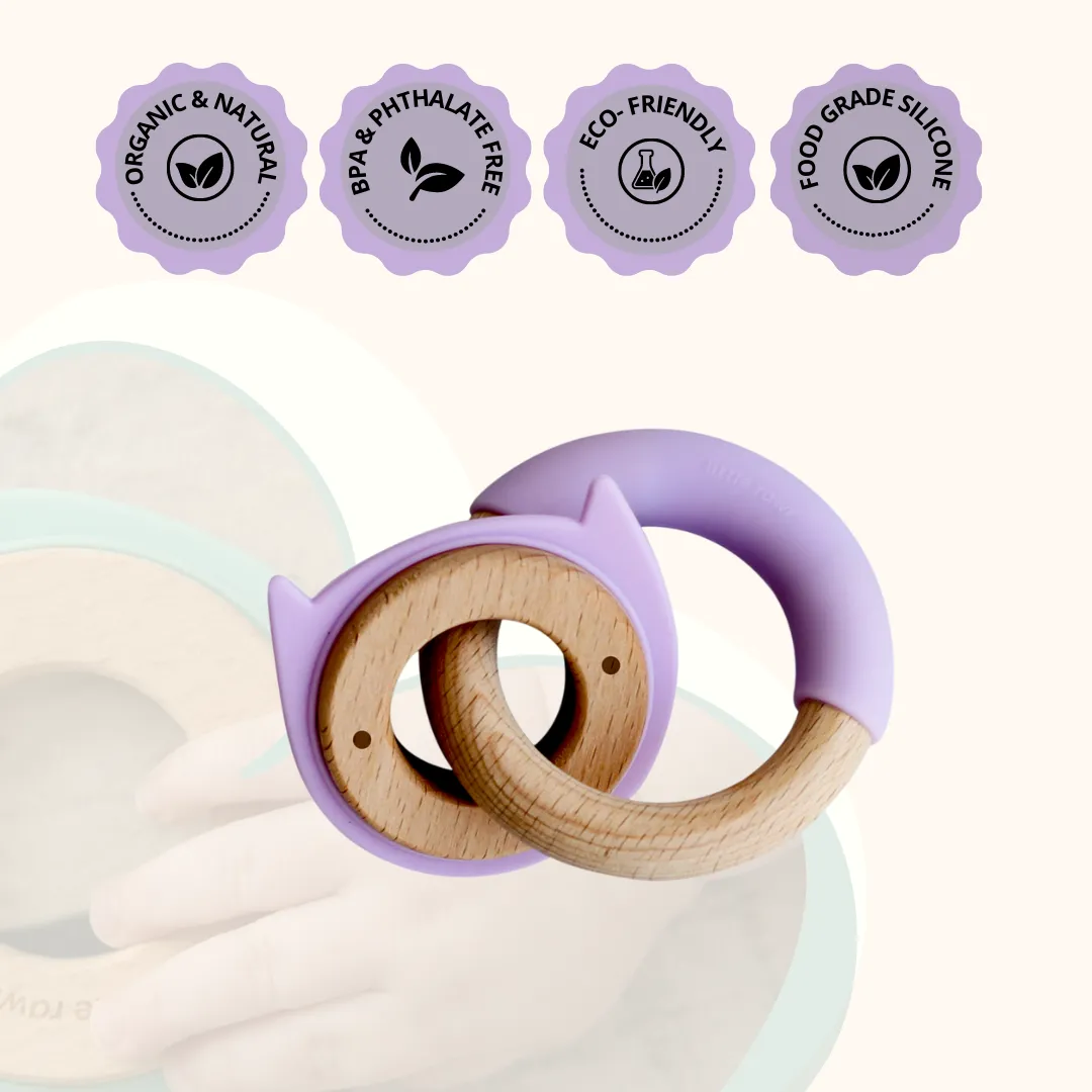 Little Rawr Wood   Silicone Disc & Ring Teether- Kitty(Purple)