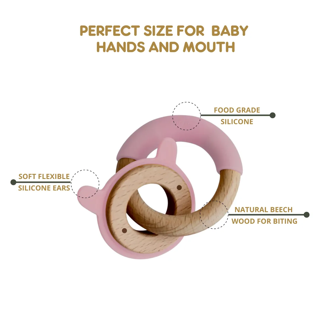 Little Rawr Wood   Silicone Disc & Ring Teether-Rabbit(Pink)