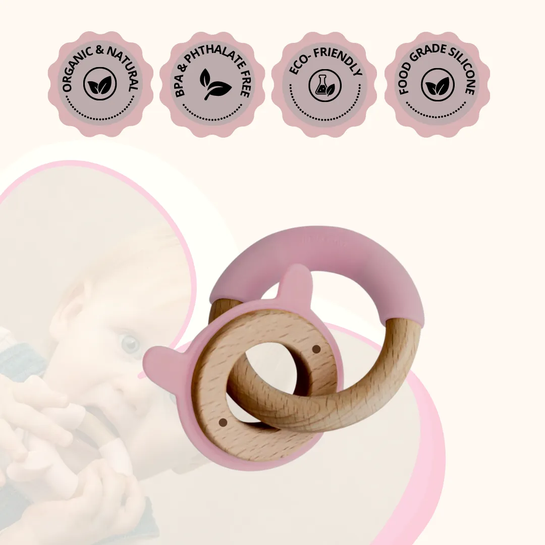 Little Rawr Wood   Silicone Disc & Ring Teether-Rabbit(Pink)