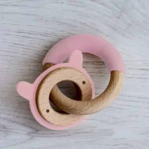 Little Rawr Wood   Silicone Disc & Ring Teether-Rabbit(Pink)