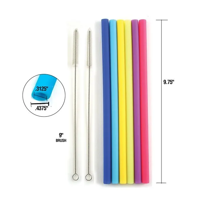 Norpro Reusable Straight Jumbo Silicone Straws with 2 Cleaning Brushes Set of 6