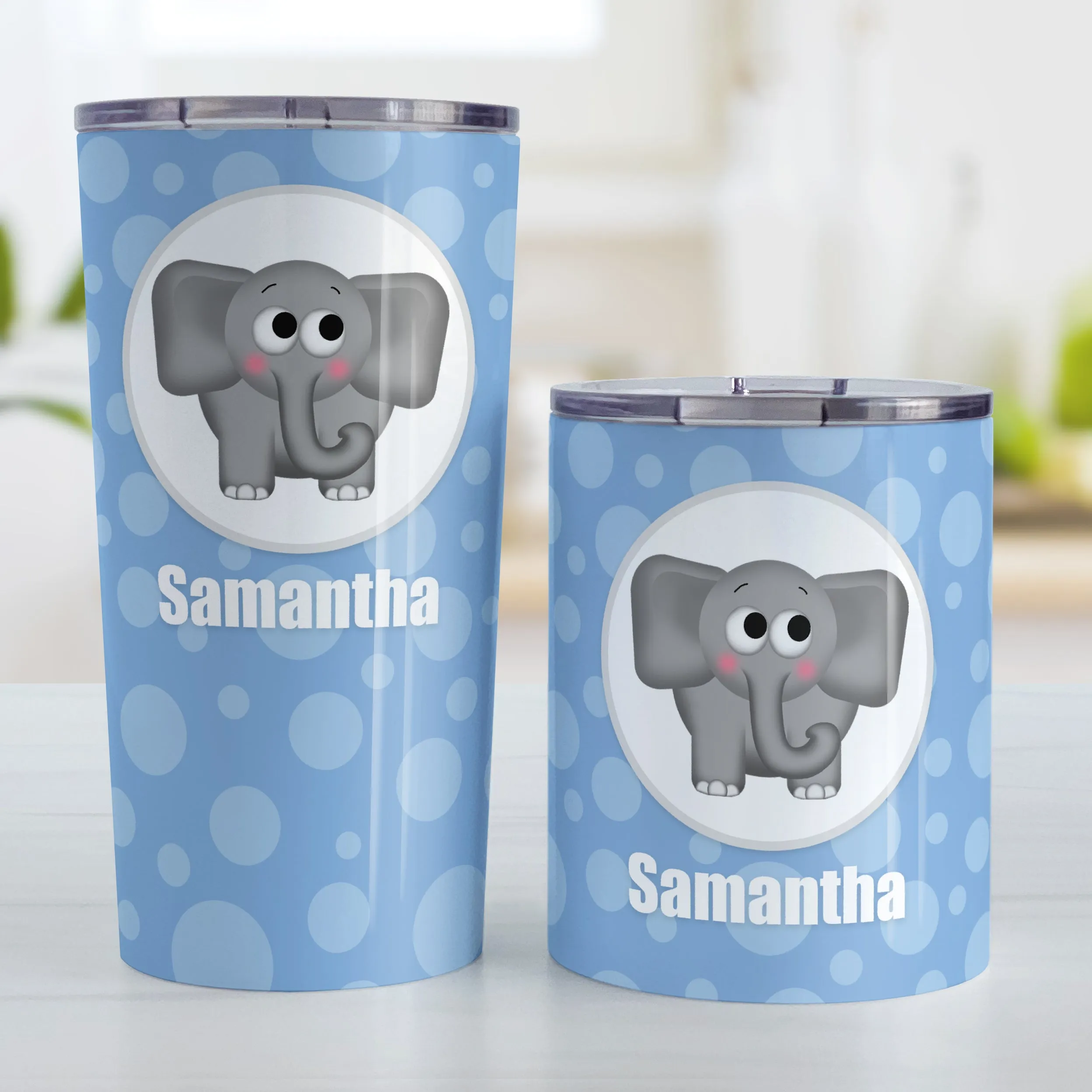 Personalized Cute Elephant Bubbly Blue Tumbler Cup