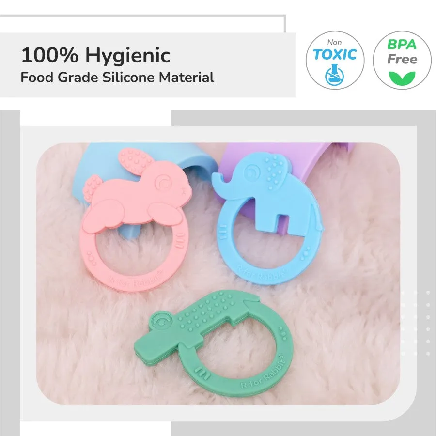 Tiny Bites Zoobie Baby Silicone Teethers Pack of 3 Crocodile, Rabbit, and Elephant